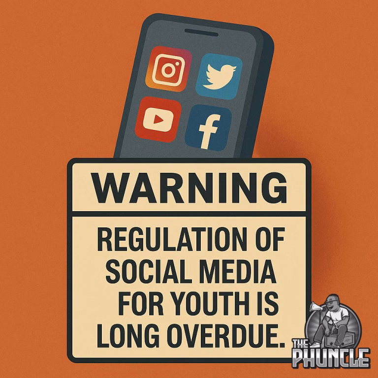 Mock warning label on a smartphone reading: regulation of social media for youth is long overdue. The PHuncle.